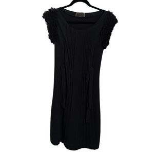 Giambattista Valli Black Midi‎ Dress Silk Linen Size XS Ruffled Sleeves Pleated